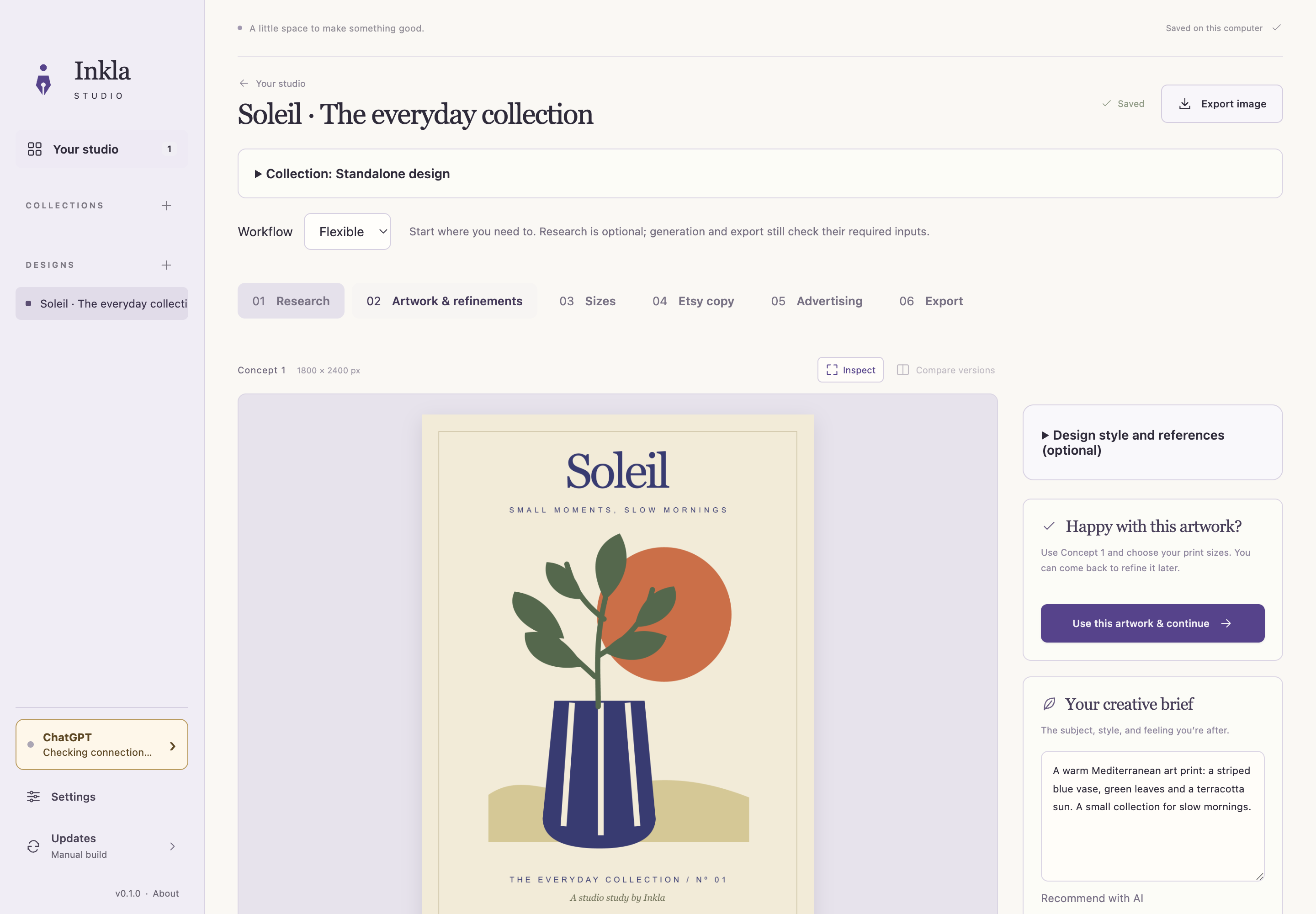 Inkla Studio artwork workspace showing the Soleil sample design and saved artwork revisions
